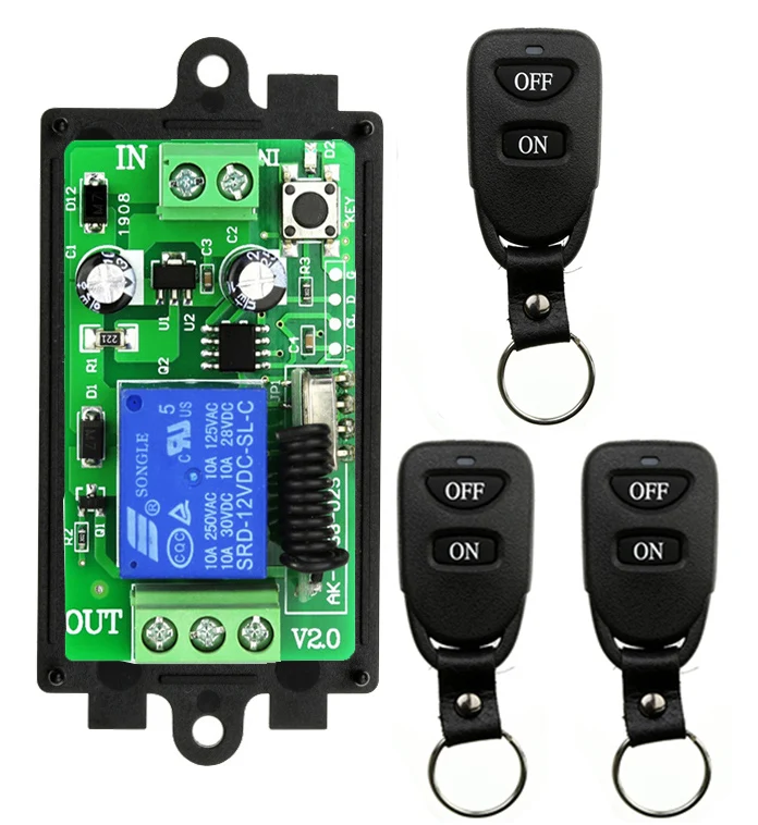 Control remoto inalámbrico Universal DC12V 24V 1CH relé módulo receptor de Radio control remoto interruptor RF para abridor de puerta de garaje