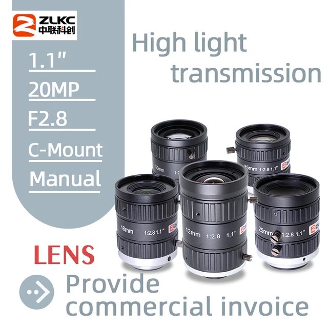 ZLKC 20MP 1.1 Cal FA 12mm 16mm 25mm 35mm 50mm stała ogniskowa C mocowanie obiektywu kamera maszyna wizja ręczna niewielkie zniekształcenia tęczówki