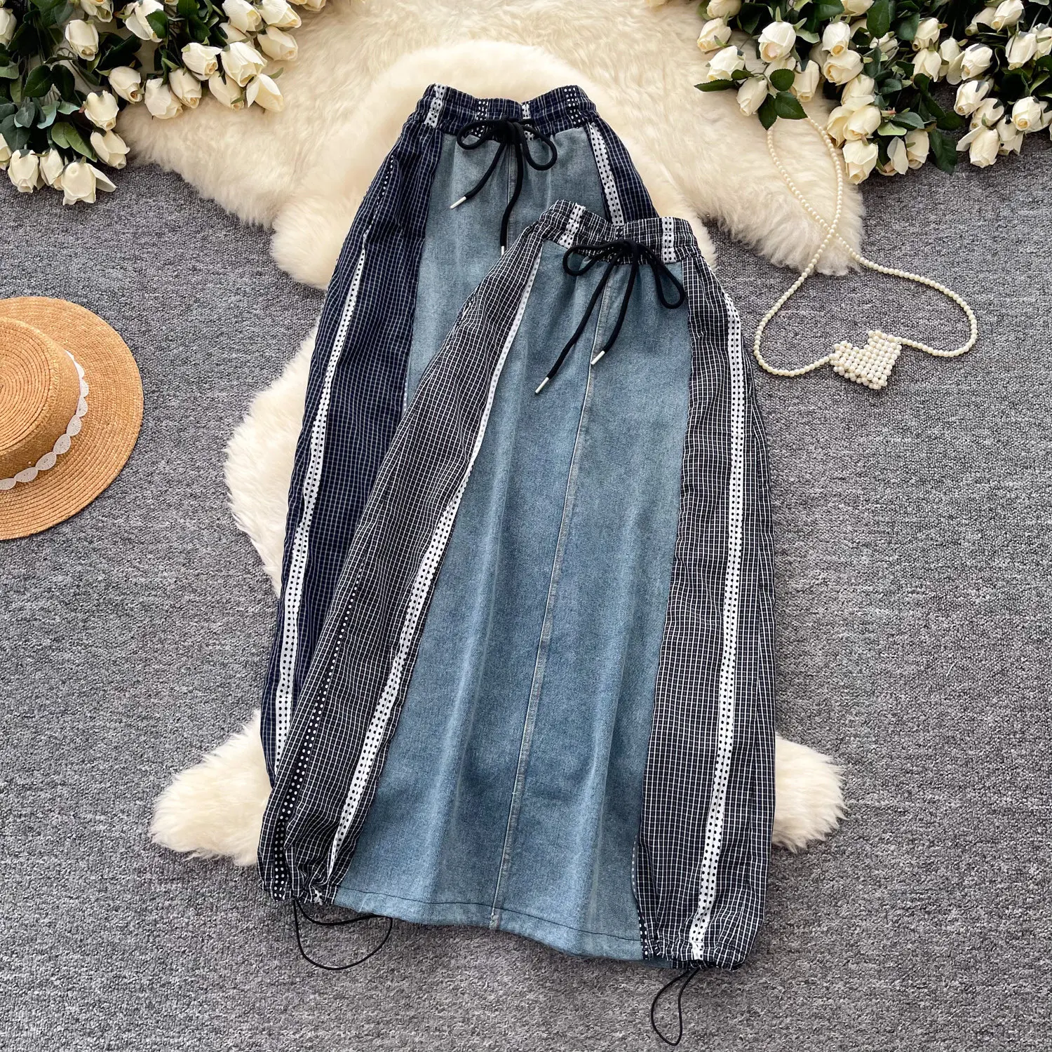 

Джинсовые юбки женские средней длины, А-силуэт, в клетку, на шнуровке, с эластичной талией, облегающие, повседневные, элегантные, с вставками, в стиле Y2K, уличная мода, для работы, 2026