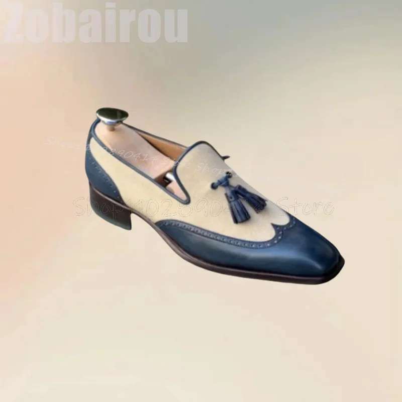 

White Blue Carving Design Square Toe Tassels Loafers Fashion Slip On Men Shoes Luxurious Handmade Party Banquet Men Dress Shoes
