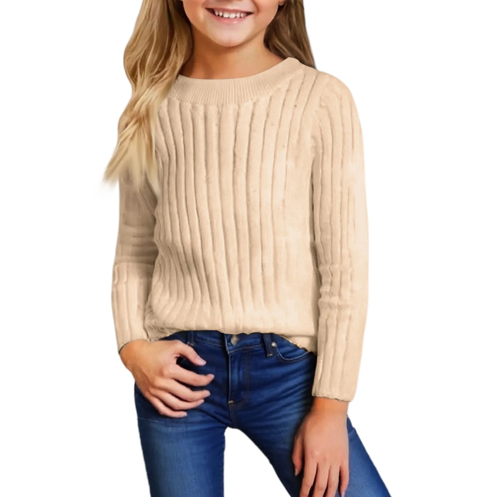 

Kids Knitted Sweater Casual Round Neck Top Soft Cotton Bottoming Shirt Cozy Loose Fit Outfit Everyday Wear
