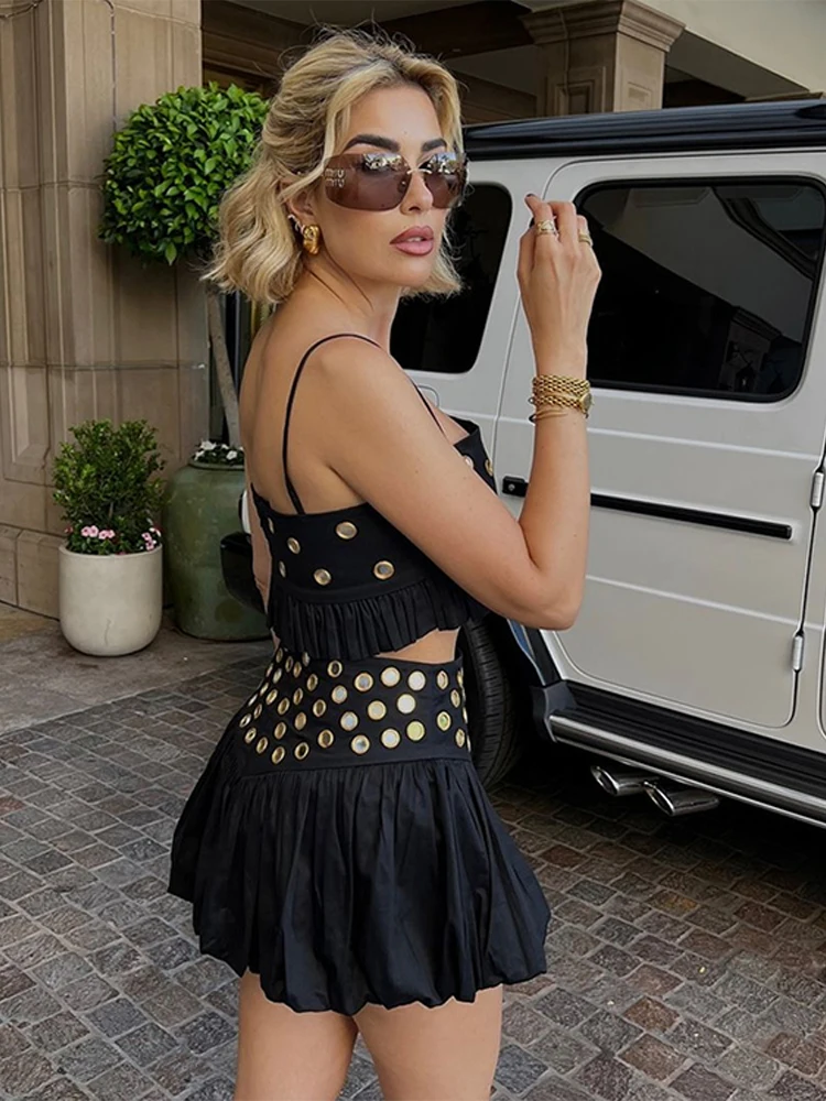 

Mini Pleated Skirts 2025 Fashion Summer Street Set Hollow Out Tank Top Ruffle Skirt Party Sets Women Strap Sexy Strap Crop Tops