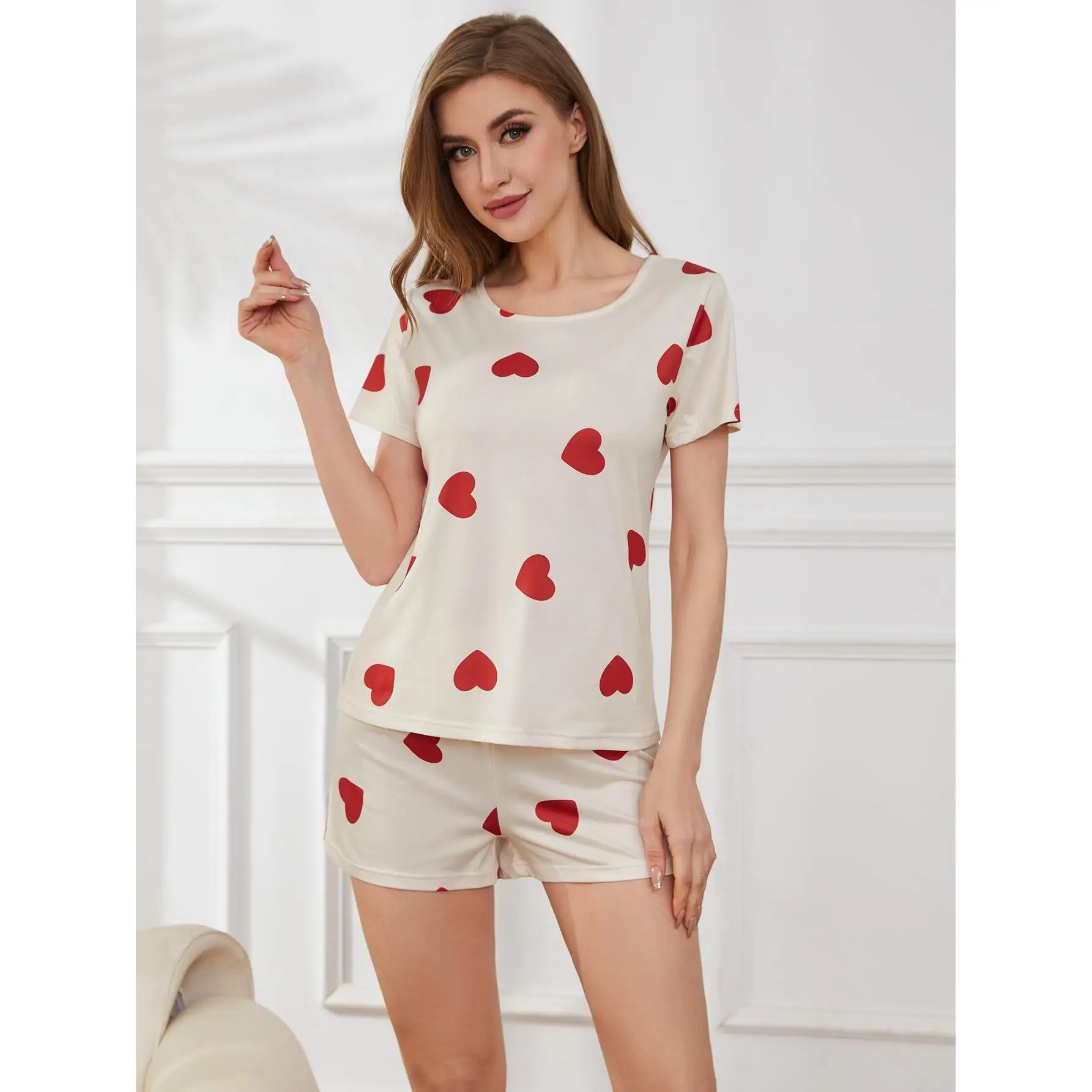 

New ladies' home clothes thin love short-sleeved shorts in summer two-piece pajamas women
