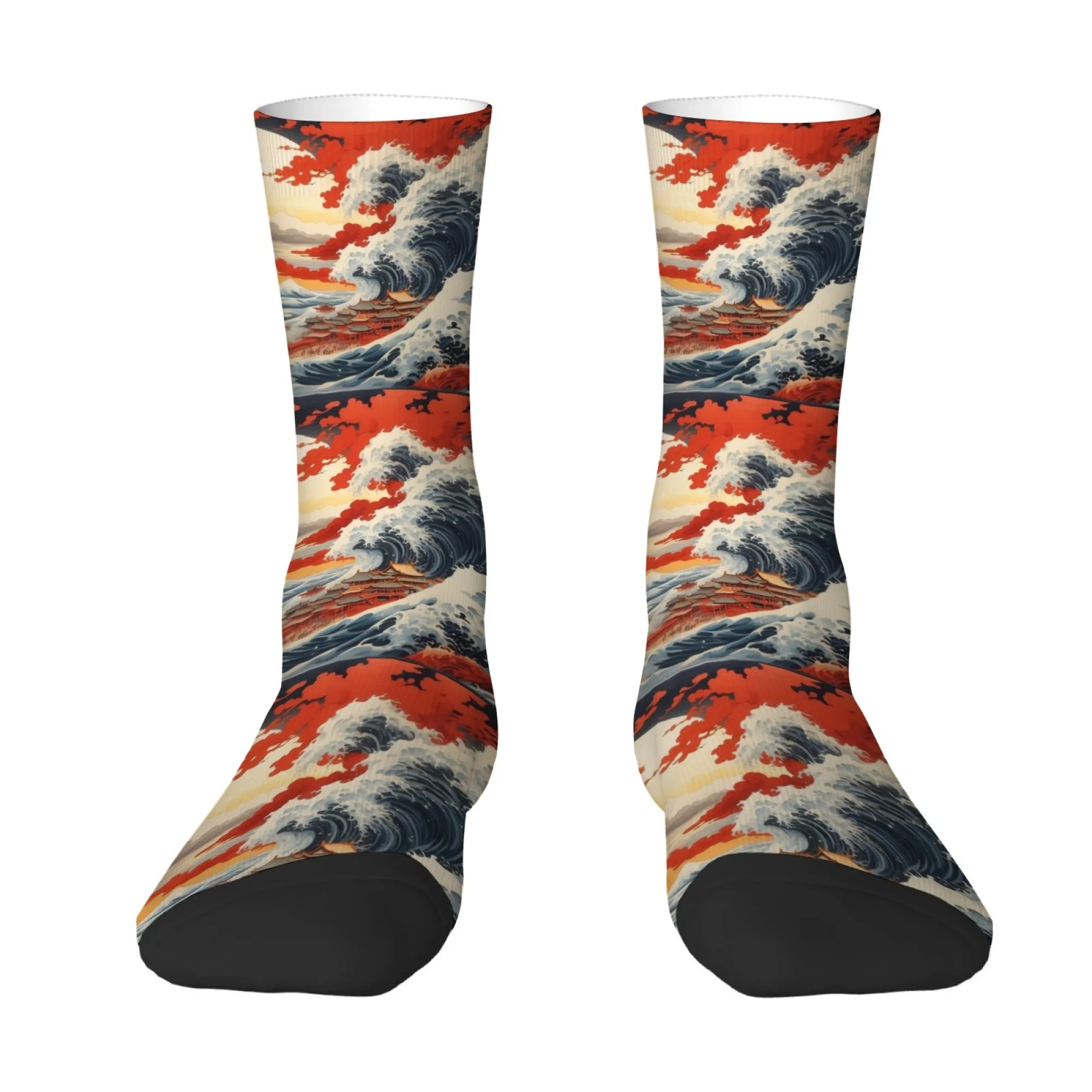 

Harajuku Style Ukiyo-e Kanagawa Red Wave Print Mid-calf Socks Oriental Art Style Soft Comfortable and Breathable Socks