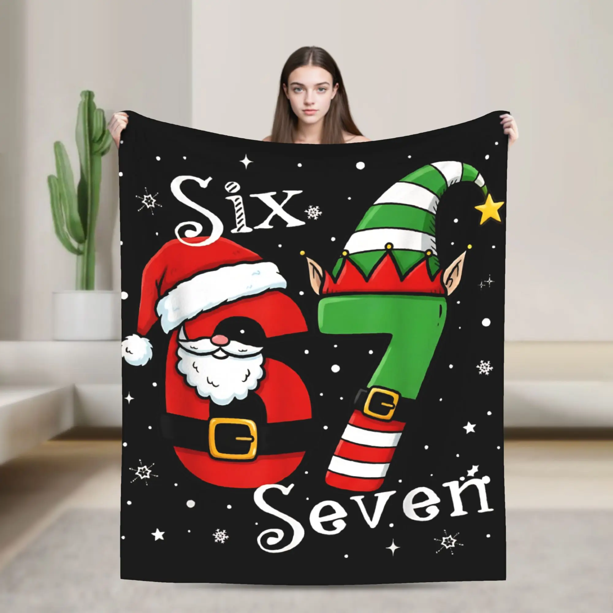 

funny Six Seven 67 Meme Elf Santa Christmas Pajamas Throw Blanket for Couch Soft Fuzzy Plush Blanket Bedspread for All Seasons