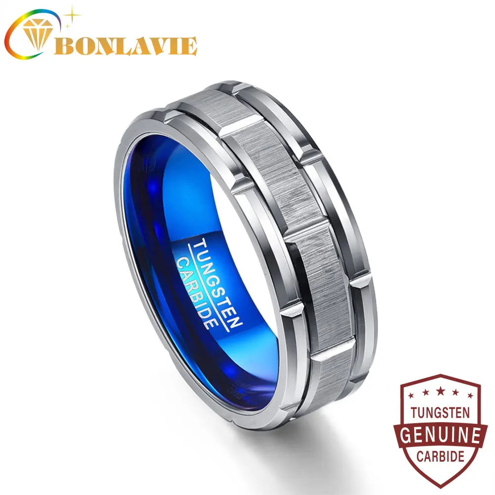 BONLAVIE unique Engagement ring combination ring hole blue 8MM wide tungsten steel ring size 7-12