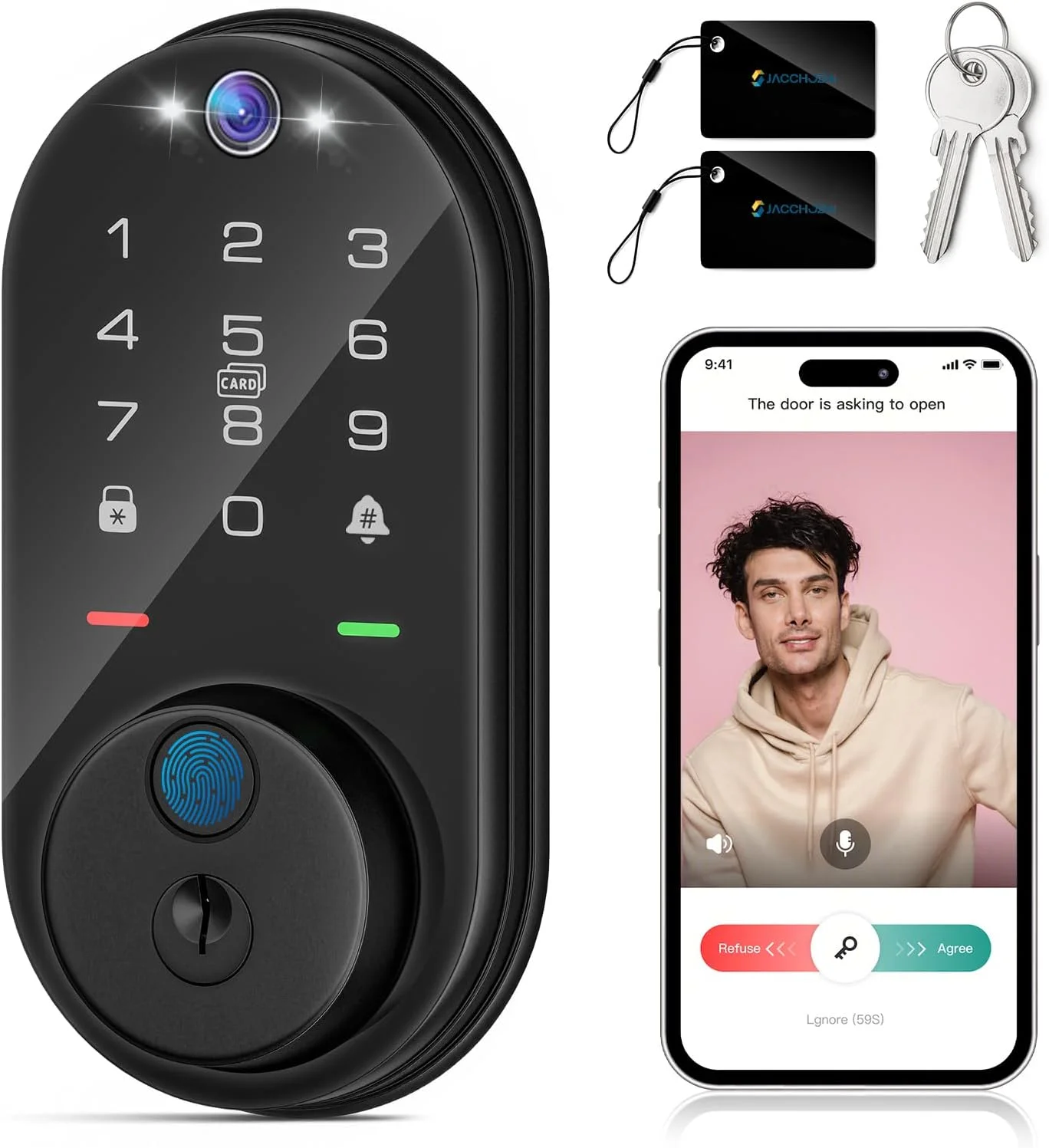 

Smart Lock with Camera, Fingerprint Keyless Entry, WiFi Video Doorbell, Touchscreen Keypad, 2-Way Audio, Waterproof
