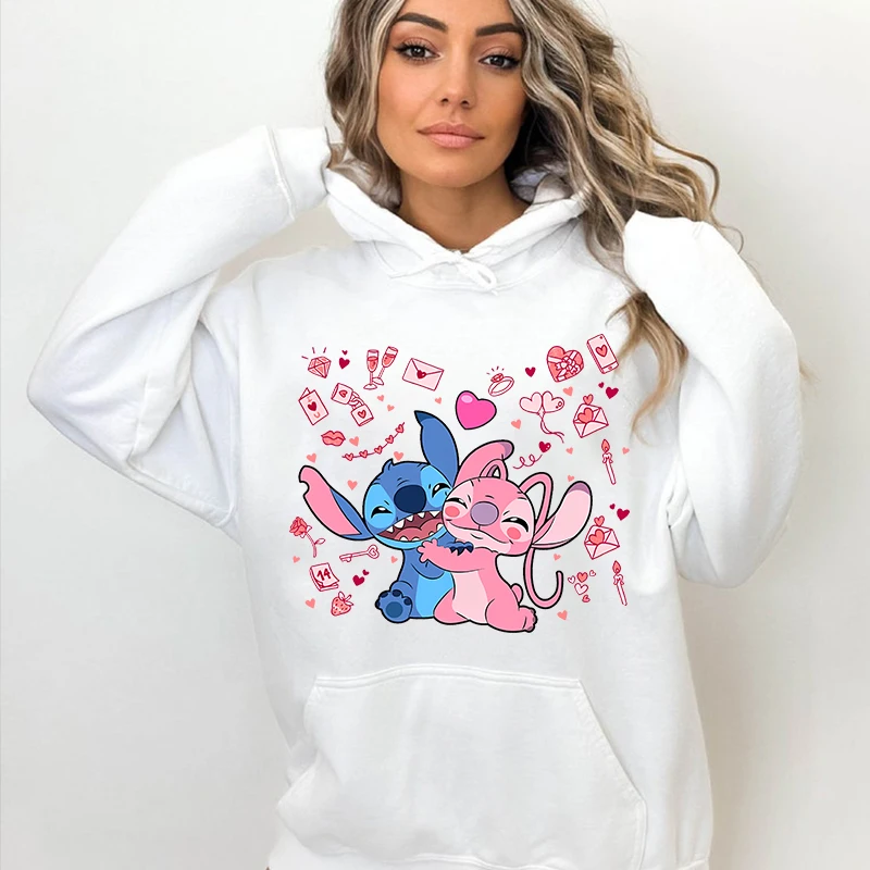 Vintage Disney Lilo and Stitch Couple Valentine Hoodies Women's Casual Sweater Loose Tops Holiday Gift