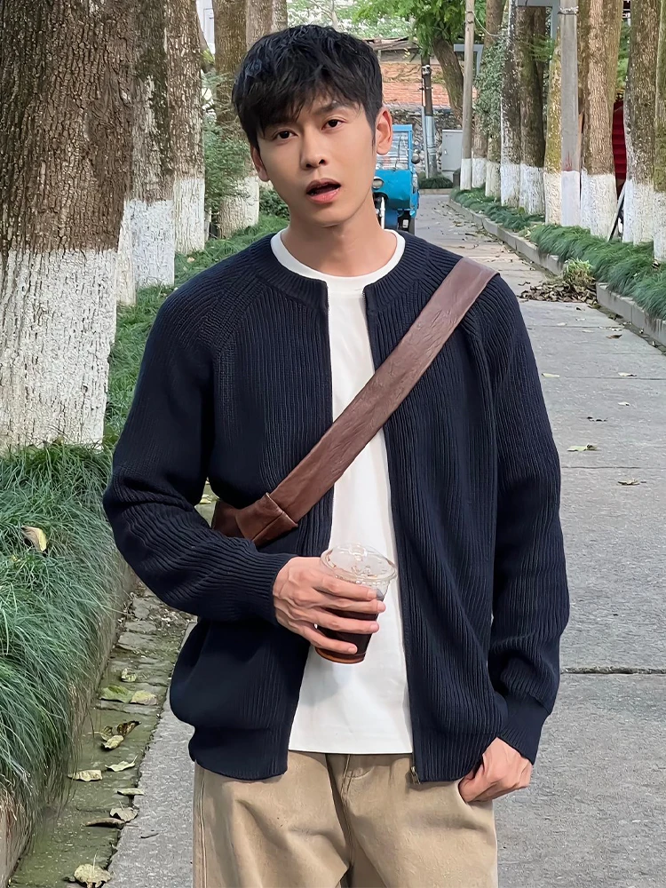 

Мужской вязаный кардиган в американском ретро-стиле, свободного кроя, синий, для молодежи