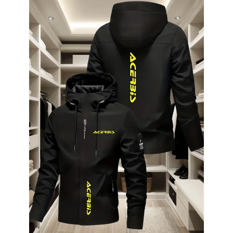 Men's Off-Road Motorcycle Style Hooded Jacket BIS Bright yellow logo print Windproof versatile casual functional jacket