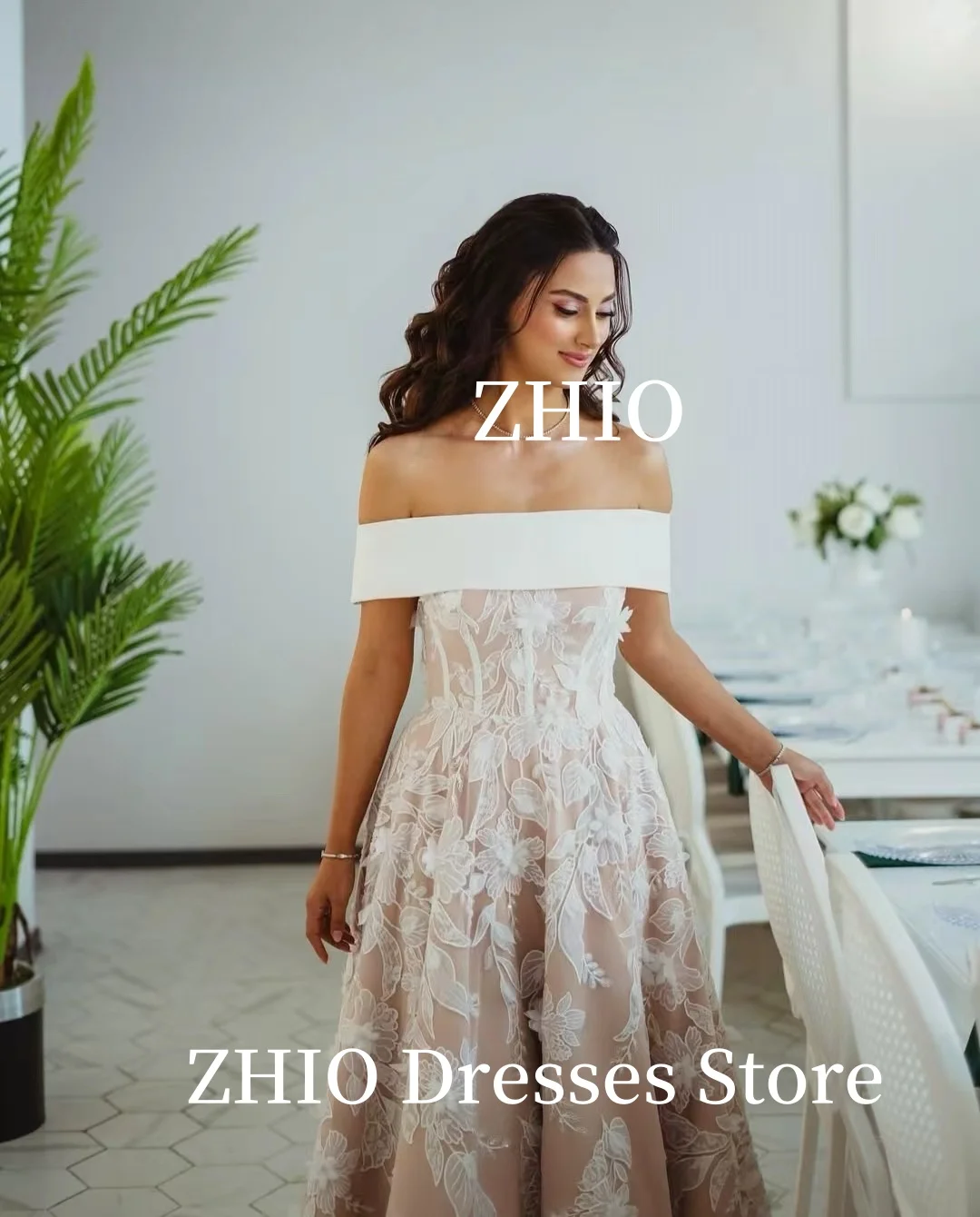 ZHIO Exquisites Hochzeitskleid mit Applikationen, schulterfrei, A-Linie, drapiert, Sweep-Zug, Taft, Brautempfangskleid, individuell gestaltet