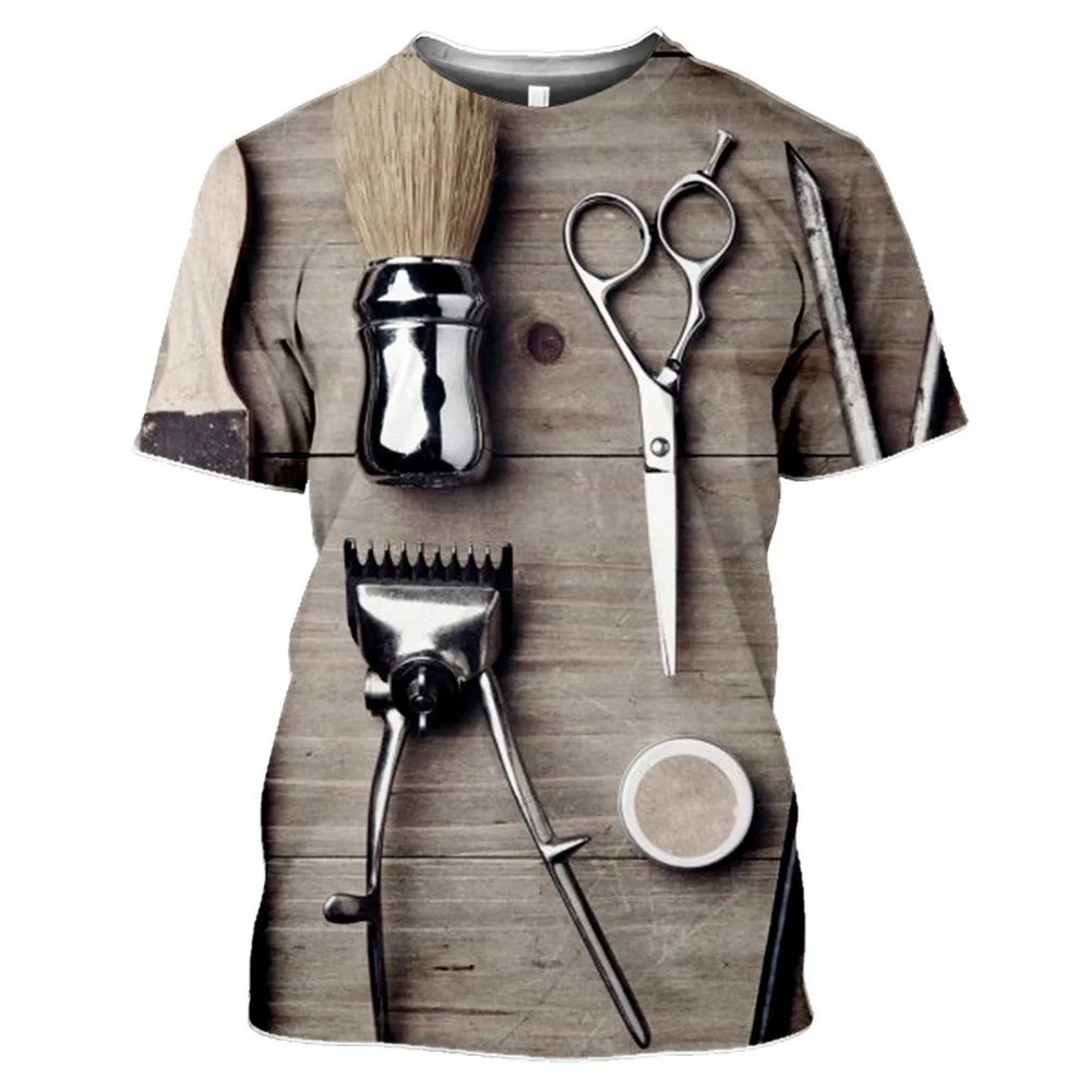 Men's Retro Barber Tools Round Neck Short Sleeve Oversized Men's Summer 3DT Shirts Barber Scissors T-Shirt