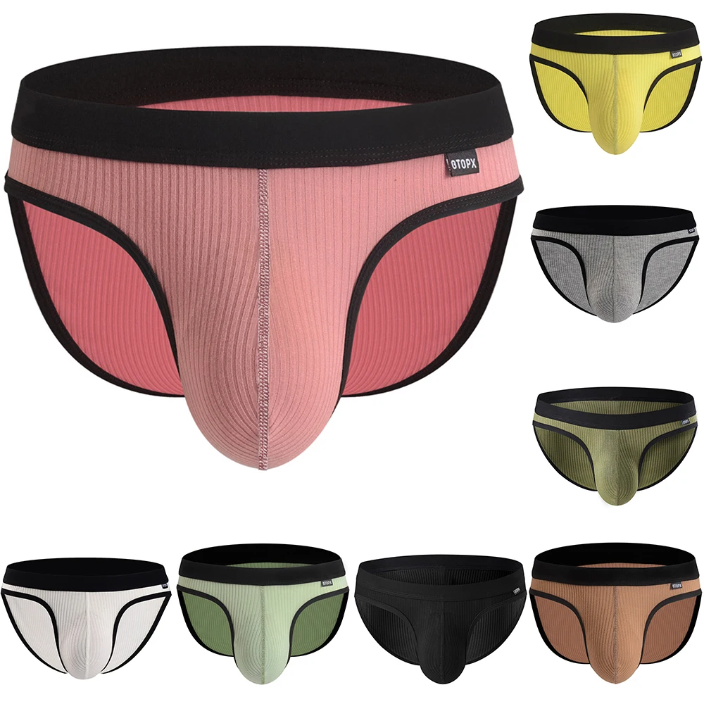 Male Briefs Ribbed Striped Soft Panties Swimwear Underwear Men Breathable Bulge Pouch Underpants Elastic Waist Briefs