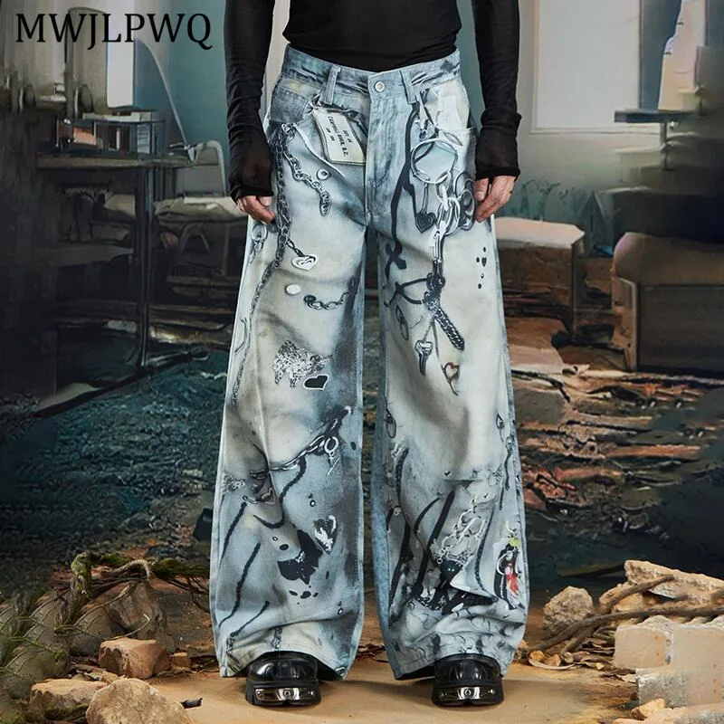 

MWJLPWQ Punk Niche Design 3D Printed Design Jeans Men's High Street Loose Wide Leg Pants Casual Autumn 2025 Tide Trousers 11269