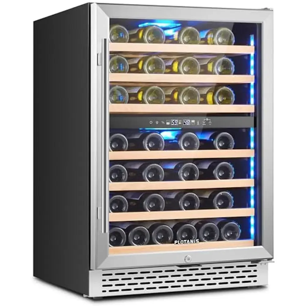 54 Bottle Dual Zone Wine Cooler Refrigerator Built-in or Freestanding 3-Color LED Light Glass Precise Temperature Control