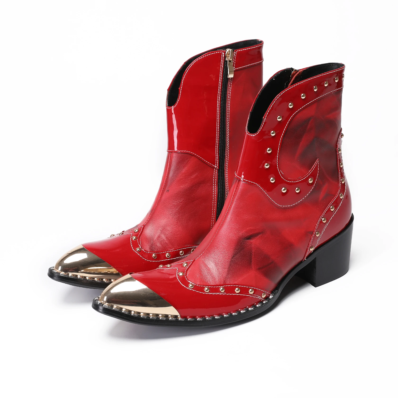 

Luxury Design Metal Toe Men Boots Winter New Genuine Leather Rivets Mid Heels Mid Calf Cowboy Boots Red Wedding Man Boots