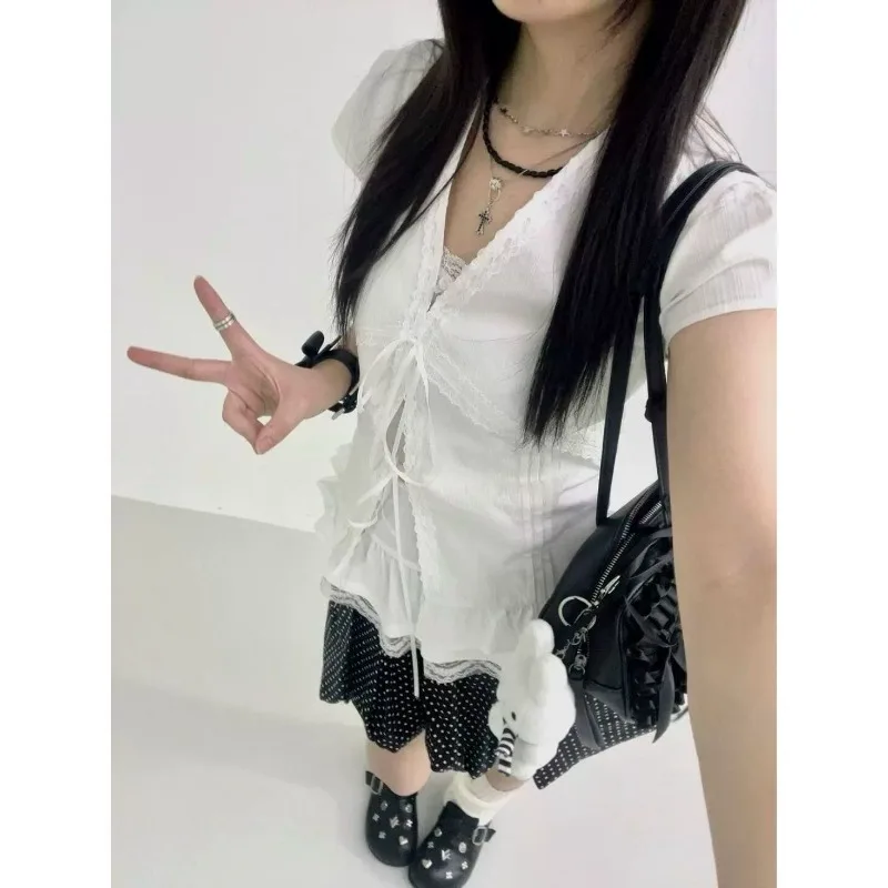 

Рубашка с коротким рукавом и V-образным вырезом на шнуровке, женский стильный текстурированный облегающий универсальный укороченный топ