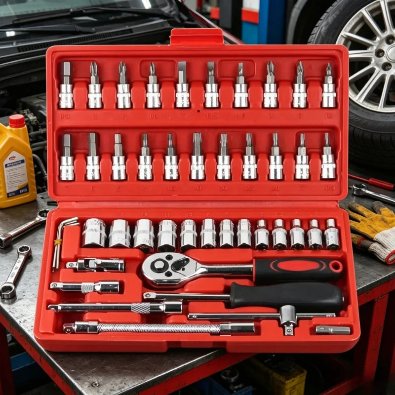 Juego de Herramientas de 46 Piezas con Llave de Trinquete Roja de 1/4 de Pulgada, Kit Portátil para Reparación de Automóviles y Uso Diario por Mecánicos