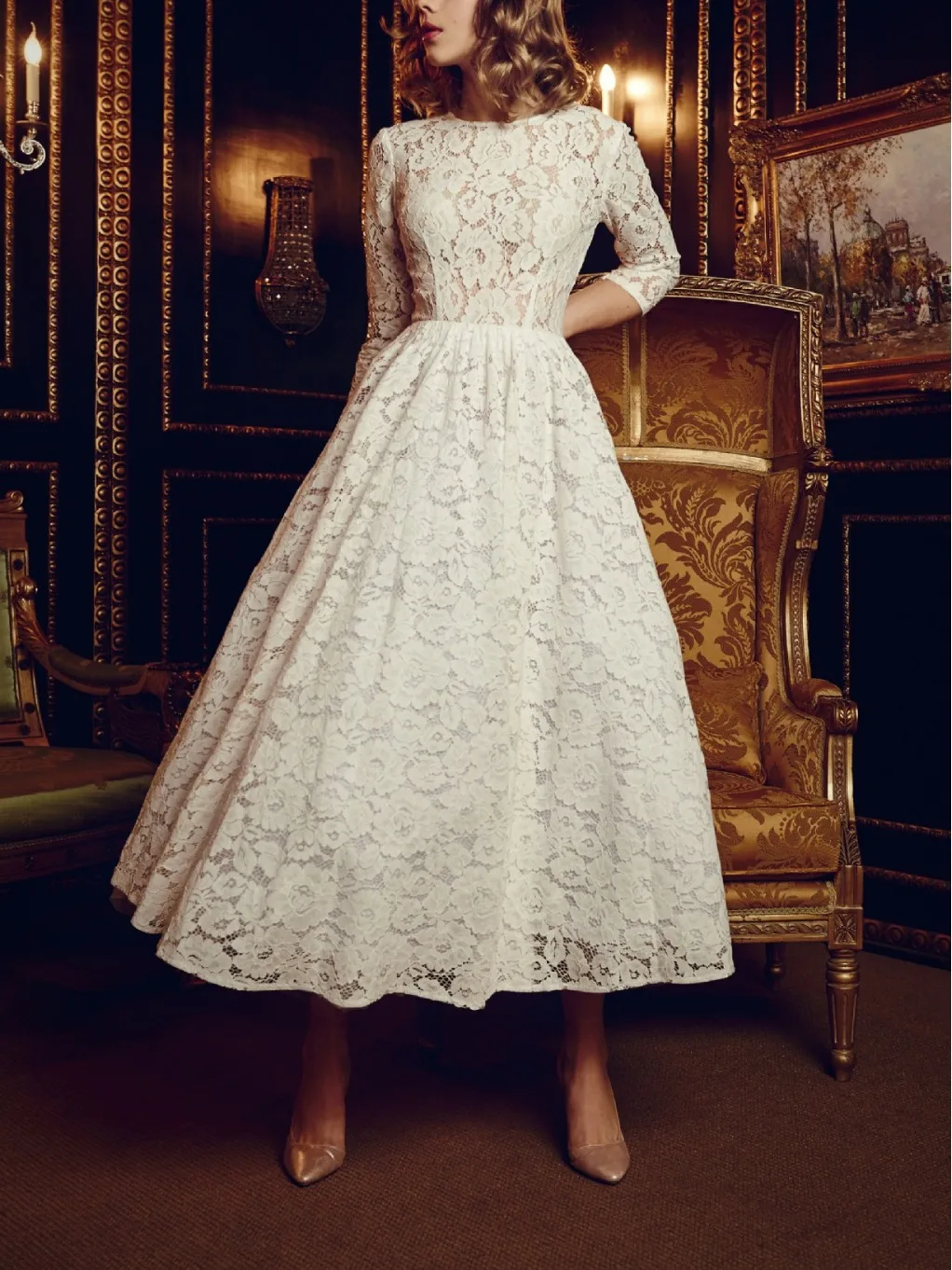 Elegant White Lace Brides Wedding Dresses Fashion Round Neck Bridesmaid Evening Dress Sexy Long Sleeves Female Vestido De Noiva