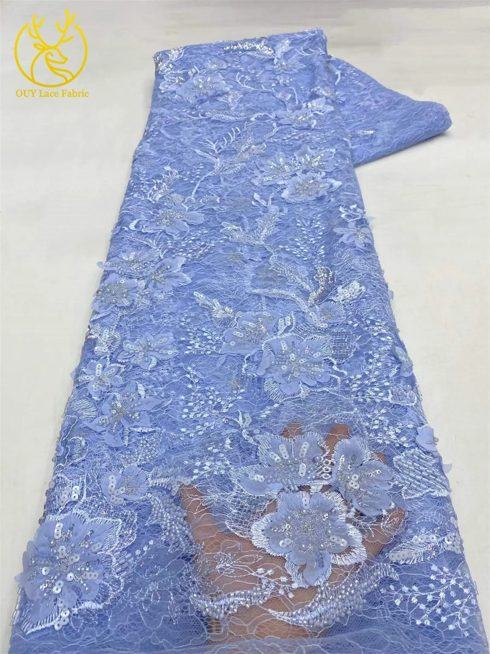 Neuer Stil Afrikanischer 3D-Stickerei-Perlen-Blumen-Spitzenstoff 2026 Französischer Pailletten-Spitzenstoff zum Nähen von Brautkleidern und Partykleidern – Detail 7