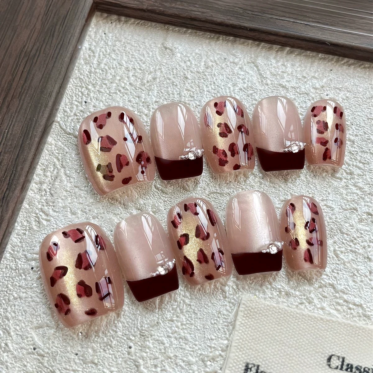 Handmade Press on Nails Gold Brown Leopard Print False Nails