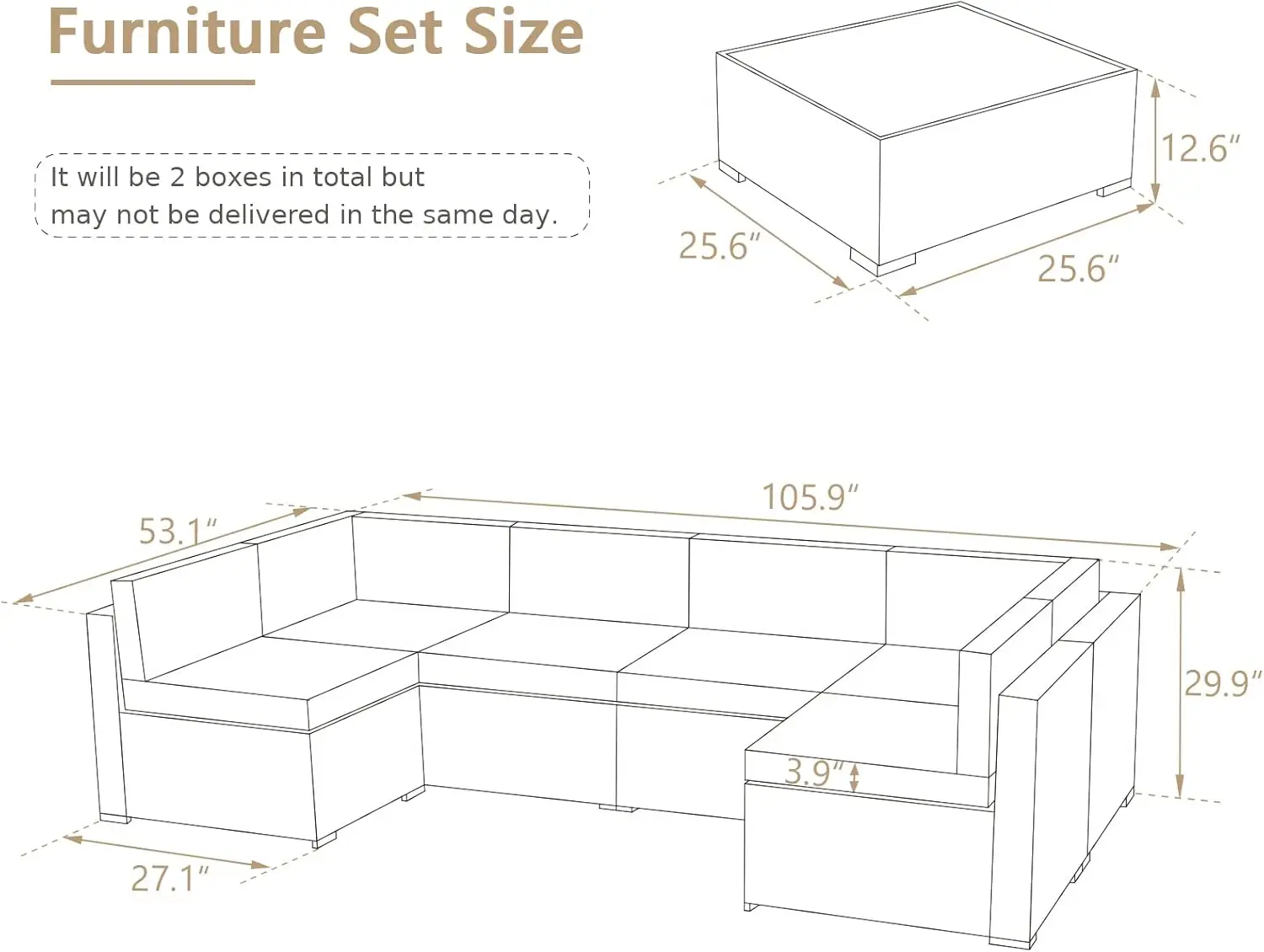 Conjunto de cadeiras de móveis seccionais para exterior U-MAX com almofadas e mesa de centro, sofá de vime de vime PE para pátio, 7 peças