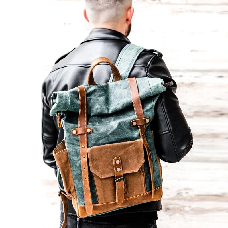 Multifunction Fashion Men Backpack Vintage Canvas Roll Top Backpack Leather School Bag Portable Wearproof Travel Weekend Bag