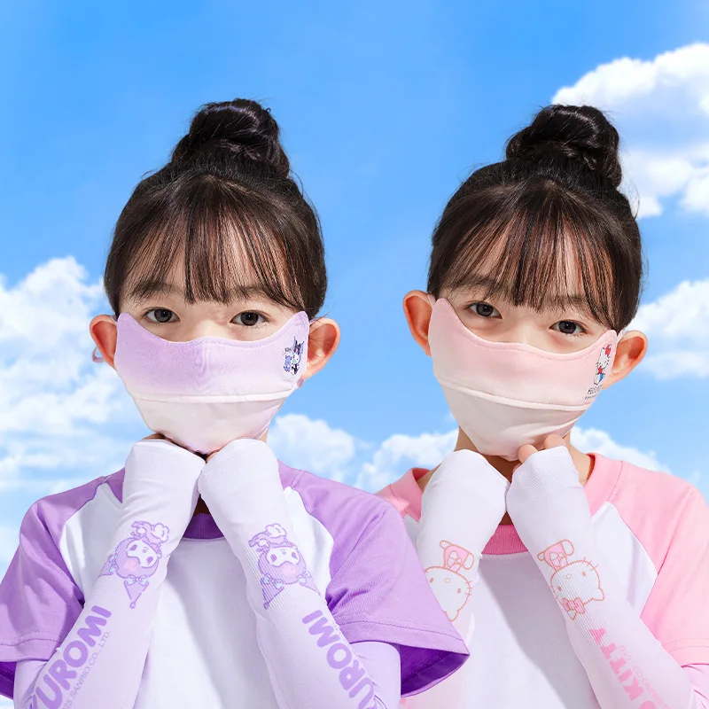 Miniso 어린이 마스크 Sanrio 새 모델 3-10 년 태양 보호 및 UV 세척 가능 남성과 소녀를위한 통기성 얼음 실크 마스크