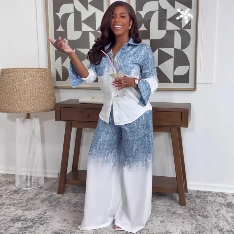 New Design African Fashion Women Two Piece Set Tie Dye Printed Full Sleeve Shirt And Wide Leg Pants Set