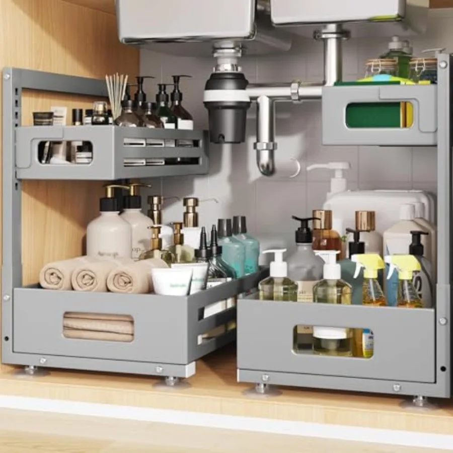 

2 Pack Under Sink Organizer, Pull Out Cabinet Organizer With Smooth Cylindrical Rail, Metal Slide Out Drawer for Kitchen Bathro