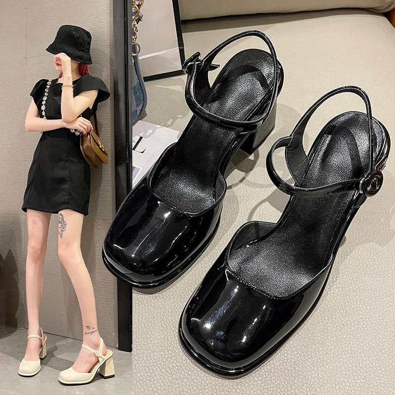 Mary Jane Toe Sandals with Straight Strap and Back Air Thick Heel Sole Retro and Versatile High Heels Cute Sweet Style Lolita