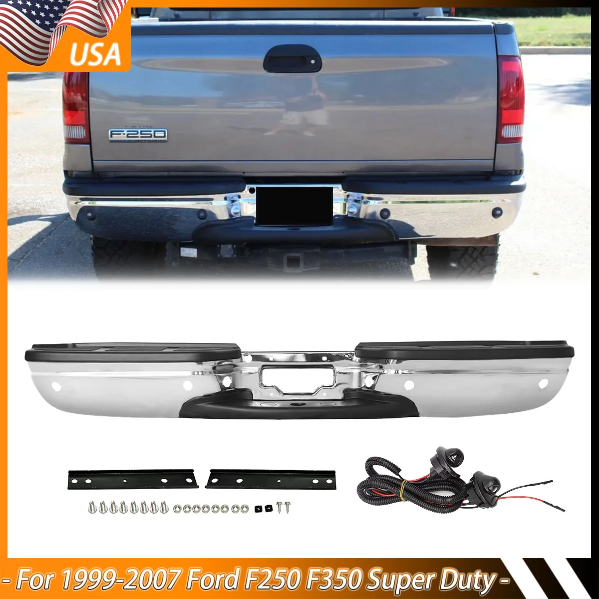 Magickit Rear Step Bumper Guard Assembly Modified For Ford F250 F350 Super Duty 1997-2007 with Parking Sensor Holes F37Z13550AA