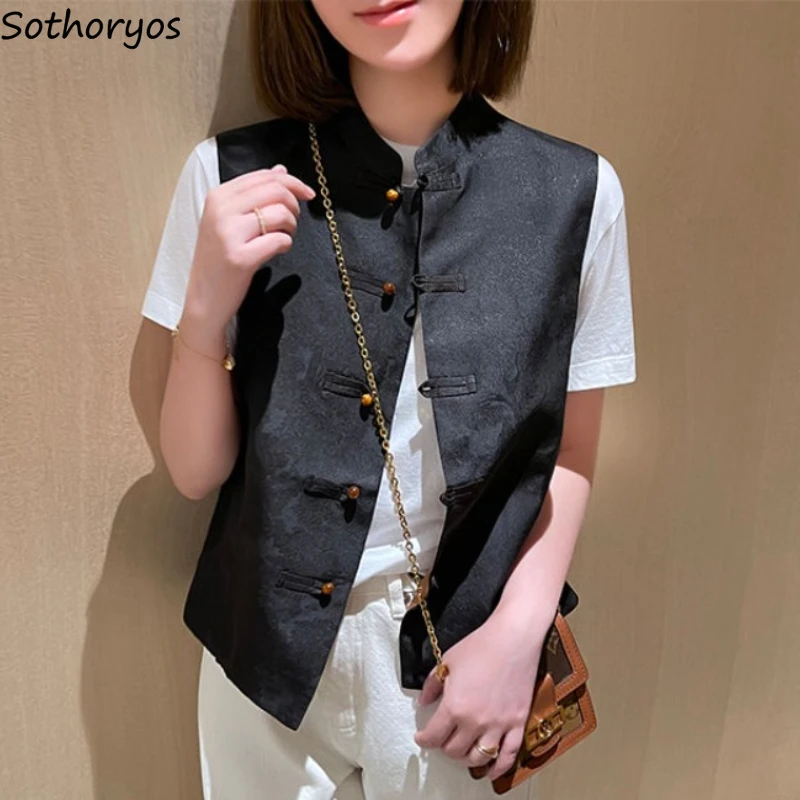 

Black Vests Women Chinese Style Button Vintage Design Summer New Fashion Graceful Office Ladies Baggy All-match Simple Mature