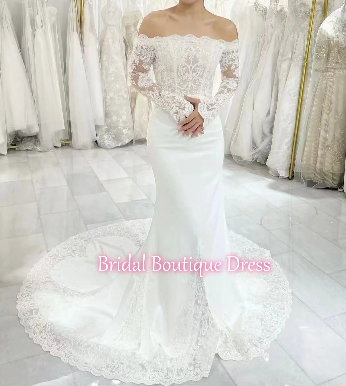 

Customize Sexy Mermaid Wedding Dresses Lace Off Shoulder Long sleeves Bridal Gown Boatnec Boat Neck Vestido De Novia