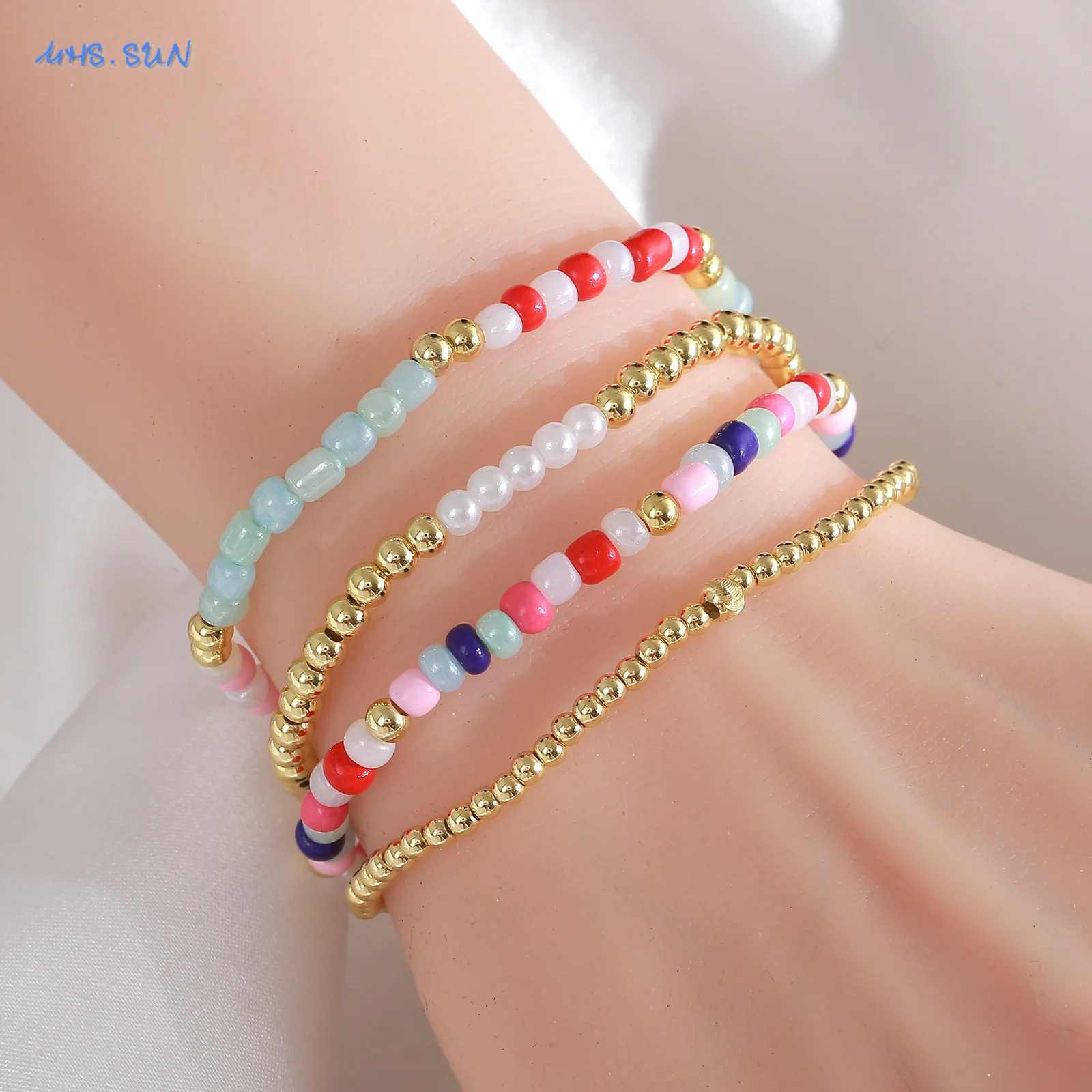 MHS.SUN جديد البوهيمي مطلية بالذهب معدن مطرز أساور ملونة الأرز الخرز سوار حفلة عيد ميلاد مجوهرات للنساء الرجال