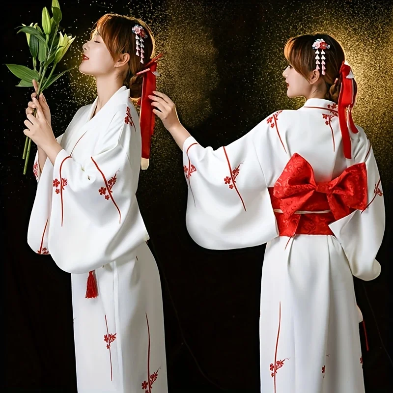 

Womens Japanese Modified Kimono Formal Wear Red White Traditional Dress Style Photo Robe for Cultural Events Silk Blend Kimono