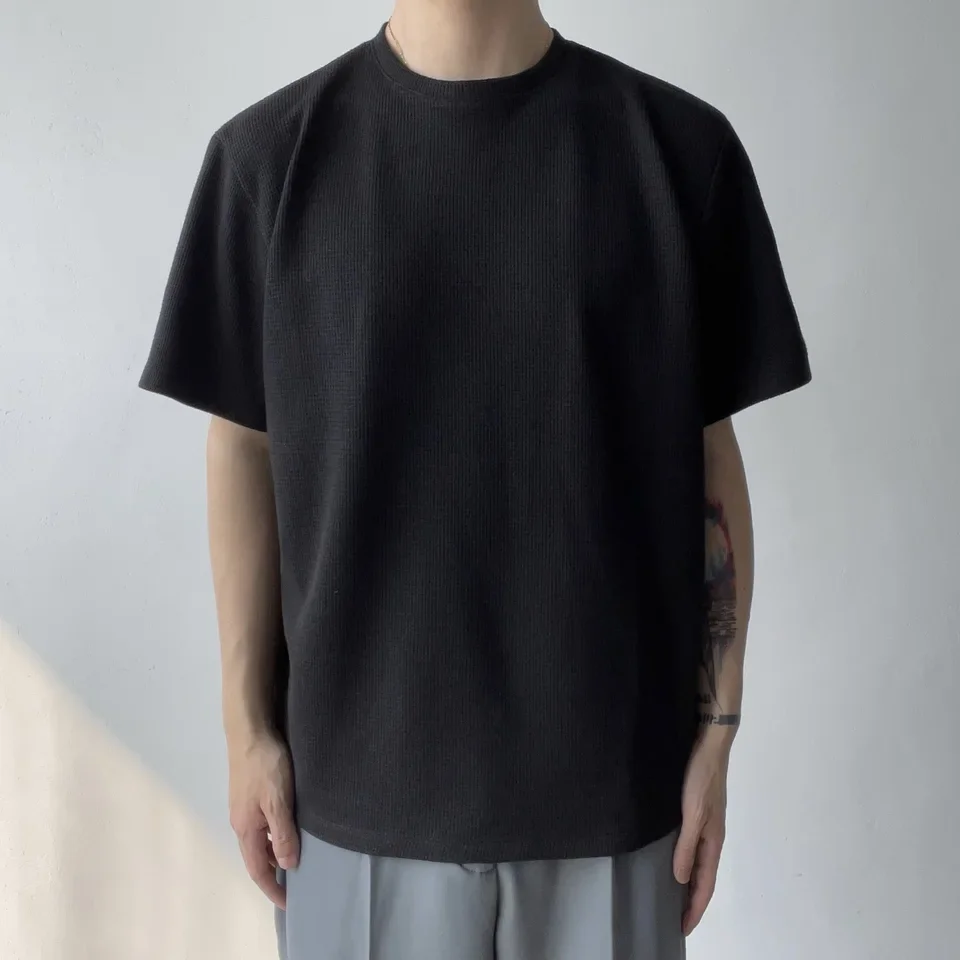 2025 Men's Casual Trendy Loose Solid Color O-neck Short Sleeve Waffle T-shirts Male Summer New Fashion Undershirts Clothes Tops