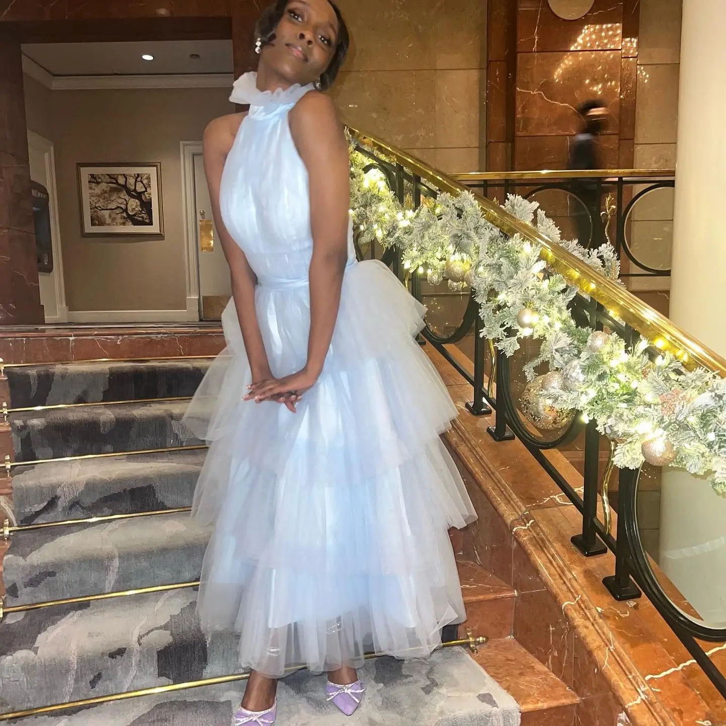 

Simple Baby Blue Prom Dresses High Neck Tiered Tulle Tea Length Backless Summer Arabic Wedding Party Gown Graduation Dress