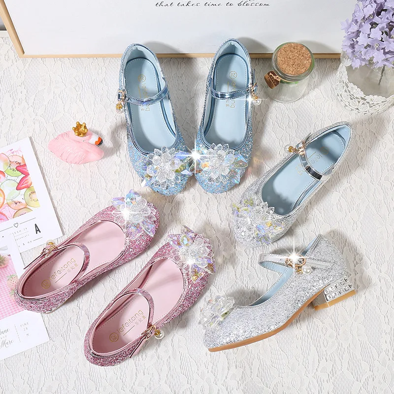 Girls High Heels Spring Autumn Fashion Diamond Flower Kids Princess Wedding Party Shoes Children Sequin Crystal Performance Shoe