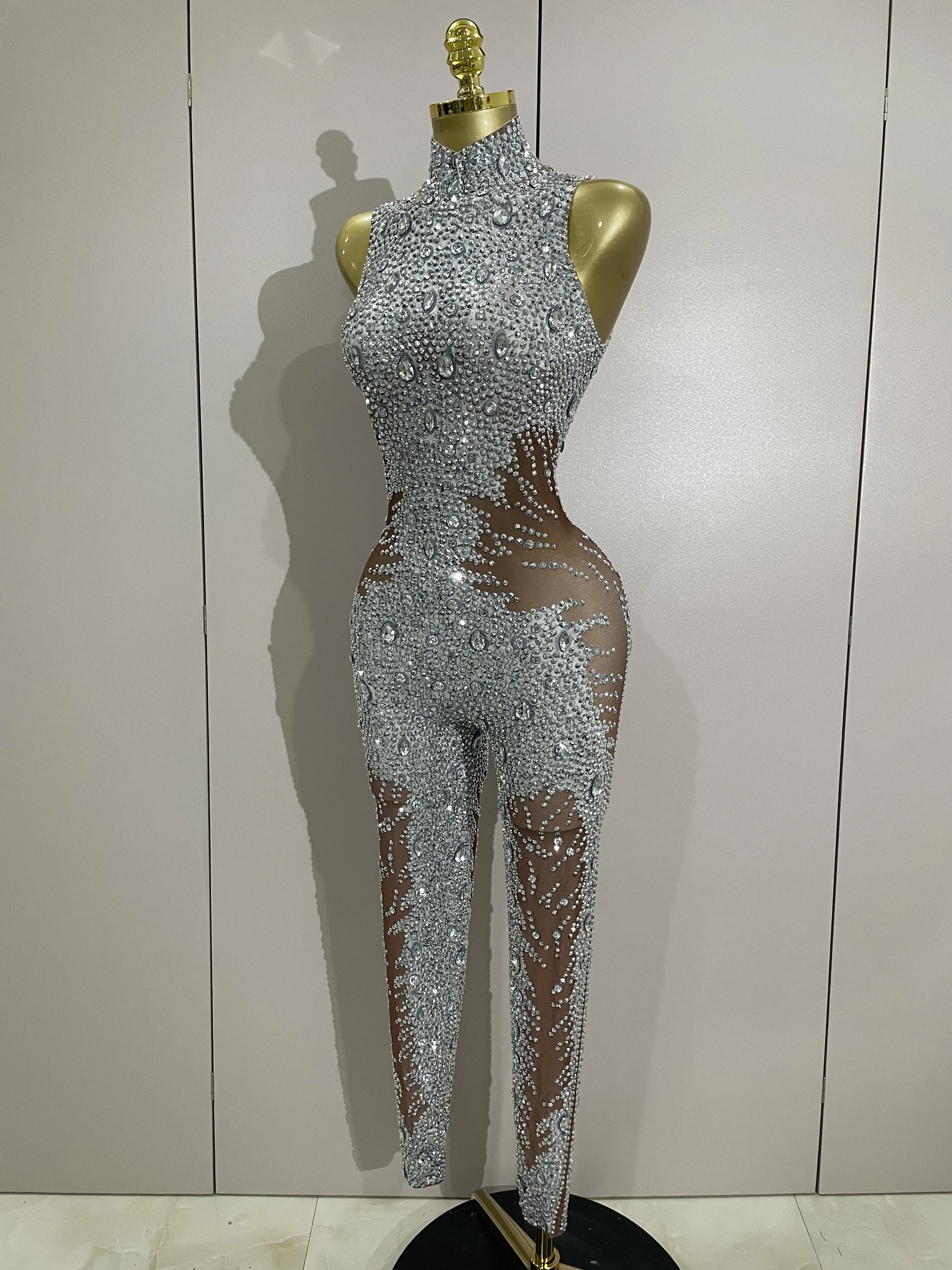 Luxury Sparkly Rhinestones Sleeveless Sheath Jumpsuit Women Celebrate Evening Birthday Party Nightclub Dance Sexy Stage Outfit
