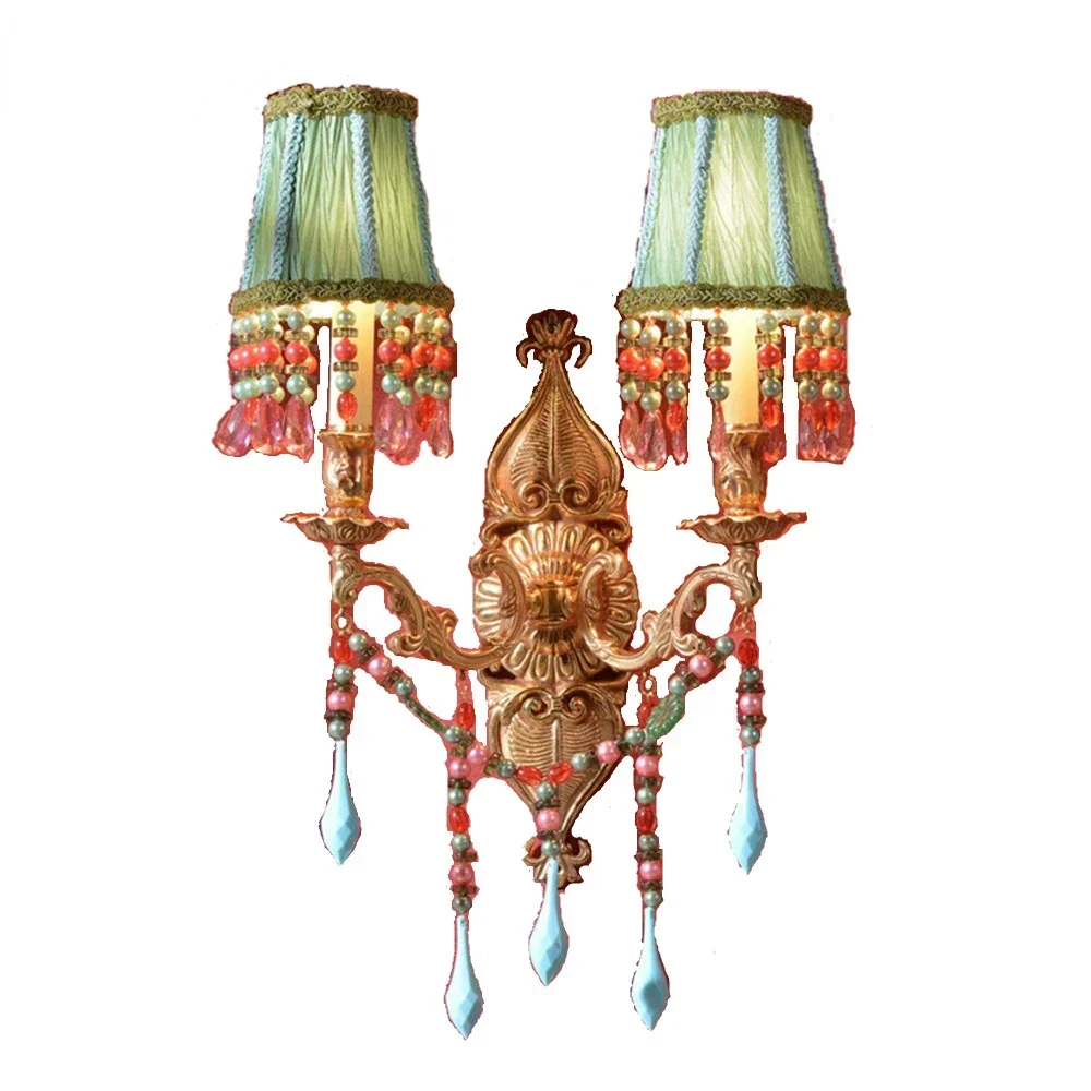 

European luxury crystal wall lamp classical gold bronze lamp led bedroom living room bedside green lampshade Light