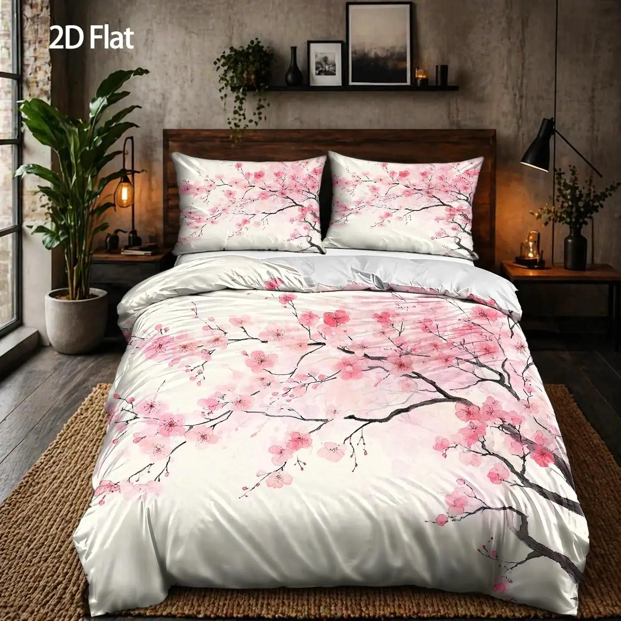 3 Piece Quilt Cover Set Cherry Blossom Floral Print Duvet Cover 2 Pillowcases Large Size Machine Washable Invisible Zipper