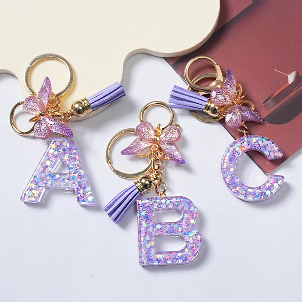 Purple Sequin Filled Letters Keyring A-Z Resin Name Pendant With Key Holder Butterfly Tassel Backpack Ornaments Graduation Gift