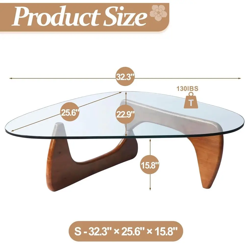 Mid-Century Walnut Glass Coffee Table, 31.5 Modern Living Room Centerpiece