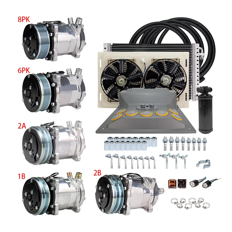 Universal Automotive 12V 24V A/C Air Conditioning Kit for Truck Minibus Van Tractor Digger RV Excavator AC Air Conditioner