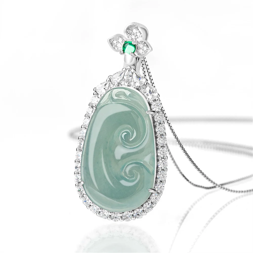 

925 Silver Natural Ice Green Jadeite Carved RuYi Gem Crystal Pendant Amulet Necklace Certificate Luxury Jade Vintage Jewelry