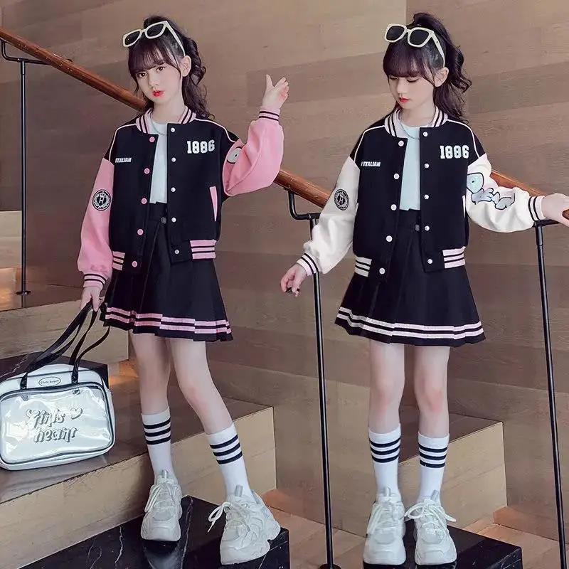 

Teenage Girls Clothing Spring Junior Girl Loungewear Suit Baseball Uniform Jacket Coat + Pleated Skirt 2pcs JK Outfits 3-14 Y