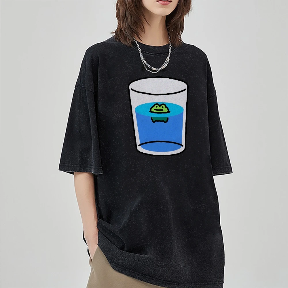 Funny Style Cartoon Water Cup Print Women's T-Shirt Loose Wash Oversized Short Sleeve Summer 2024 Basic Jianye Fashion Retro Top