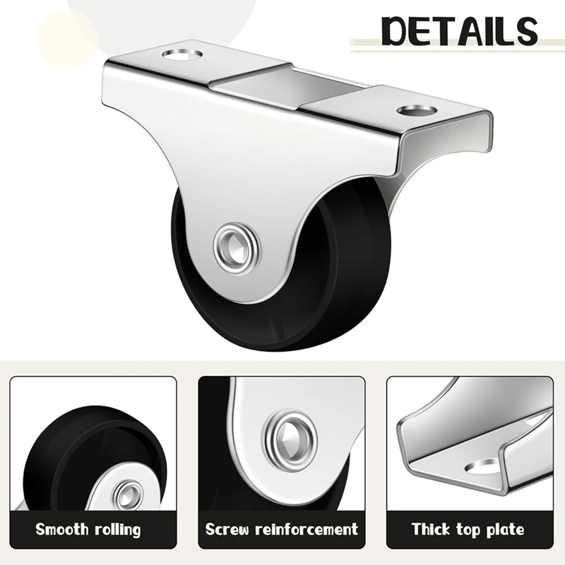 WFF Small Caster Rigid Non-Swivel Fixed Caster With Metal Top Plate For Furniture, Small Appliances With Screws