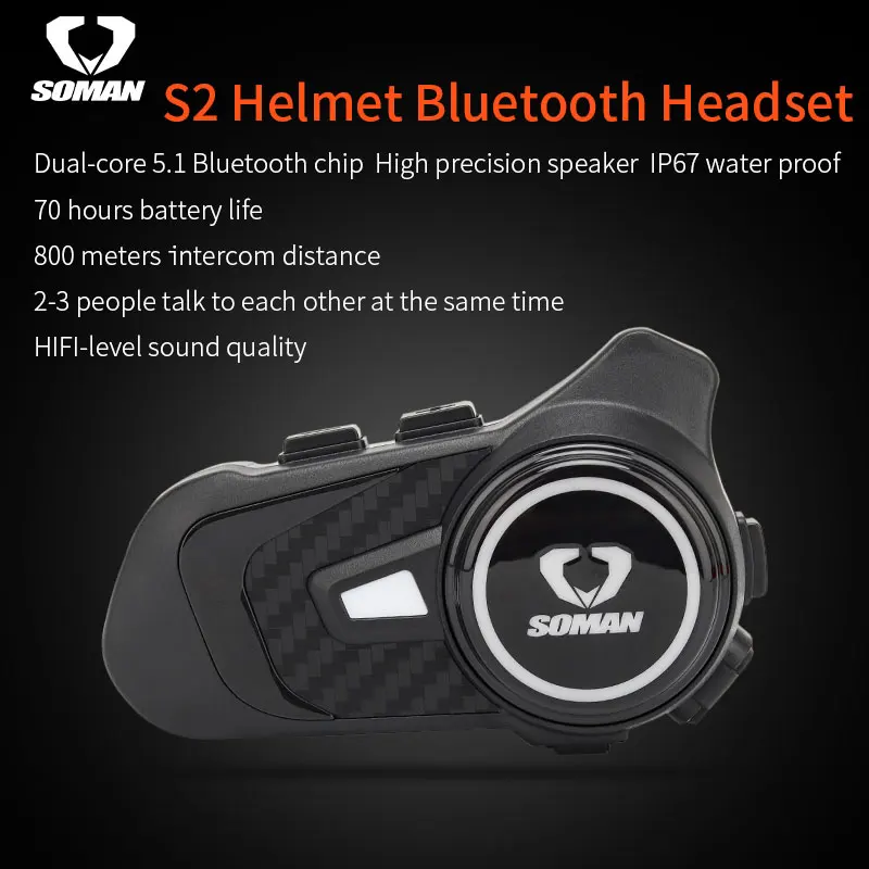 SOMAN 800M BT Intercom Motorcycle Helmet Intercom Riders Speakers Headsets Walkie Talkie IP67 FM Radio S2